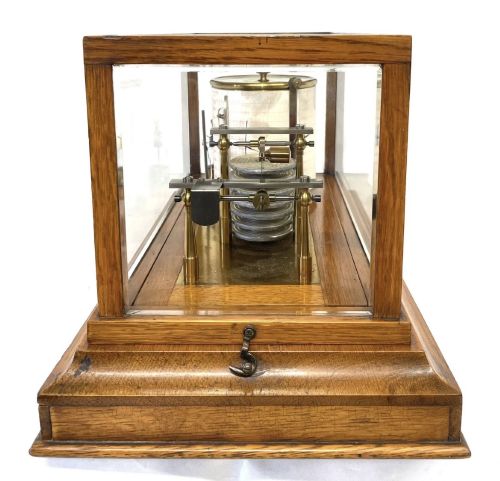 ANTIQUE OAK CASED BAROGRAPH WITH THERMOMETER BEVELLED GLASS AND CHART DRAWER - ADDITIONAL PHOTO 5