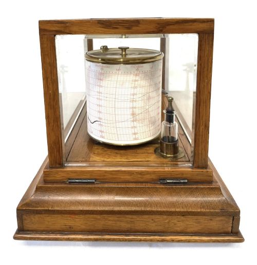 ANTIQUE OAK CASED BAROGRAPH WITH THERMOMETER BEVELLED GLASS AND CHART DRAWER - ADDITIONAL PHOTO 6
