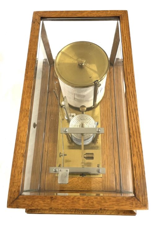 ANTIQUE OAK CASED BAROGRAPH WITH THERMOMETER BEVELLED GLASS AND CHART DRAWER - ADDITIONAL PHOTO 8
