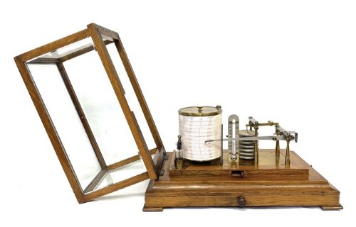ANTIQUE OAK CASED BAROGRAPH WITH THERMOMETER BEVELLED GLASS AND CHART DRAWER - ADDITIONAL PHOTO 10