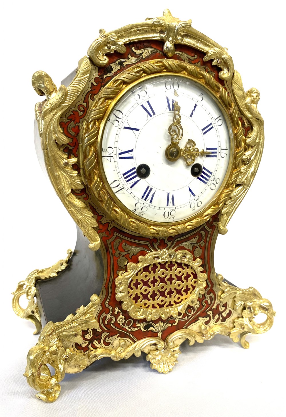 Antique Red Tortoiseshell French Ormolu Boulle Clock With Angel Mounts