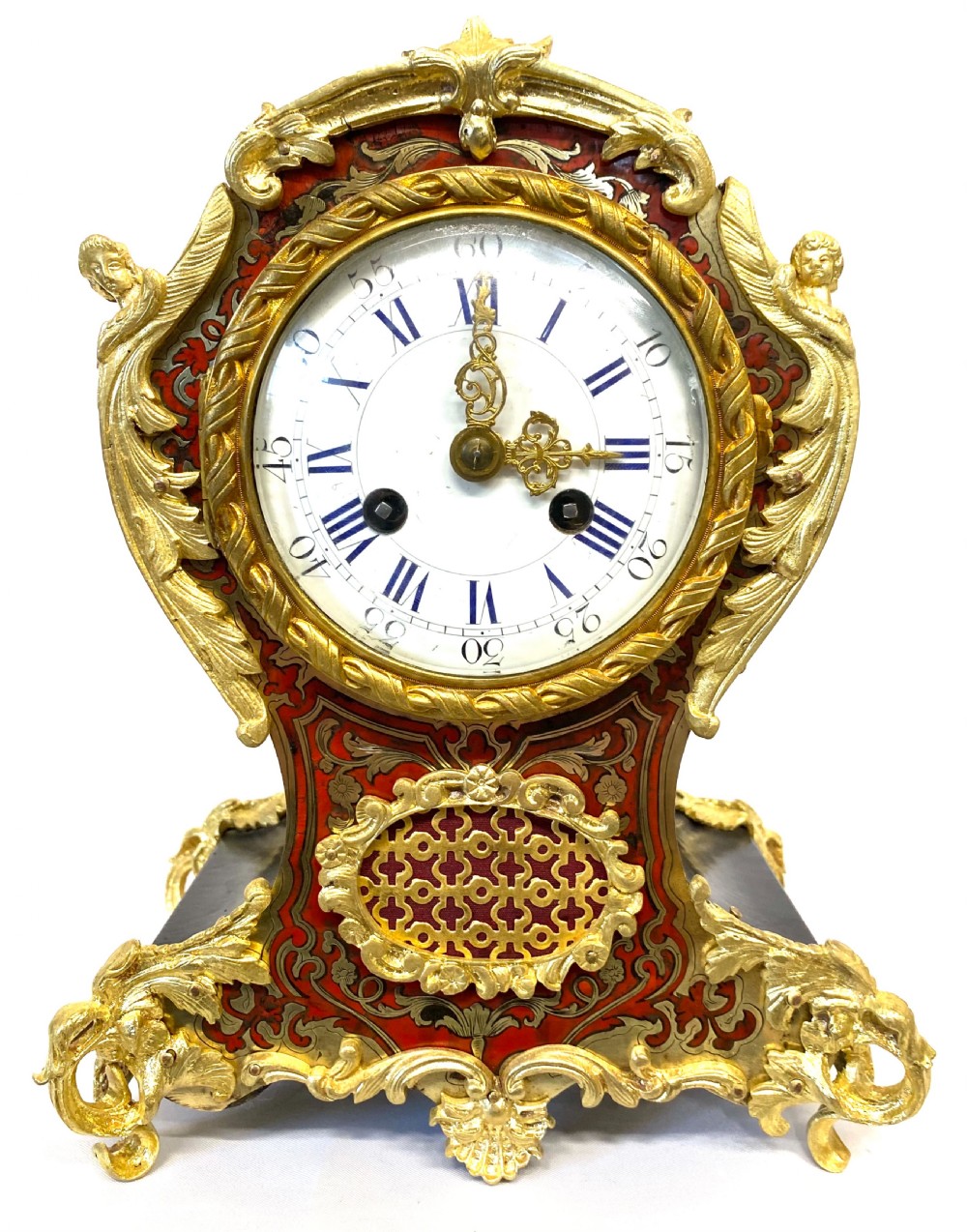 Antique Red Tortoiseshell French Ormolu Boulle Clock With Angel Mounts View IV