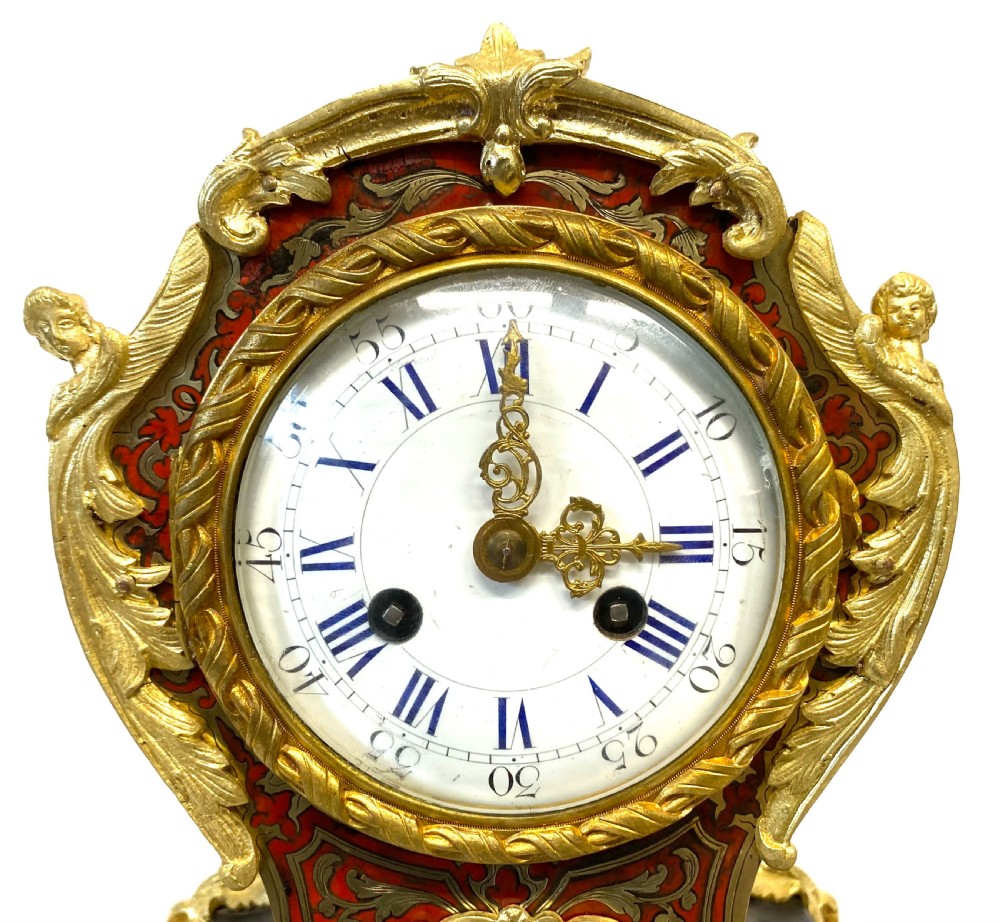 Antique Red Tortoiseshell French Ormolu Boulle Clock With Angel Mounts View V