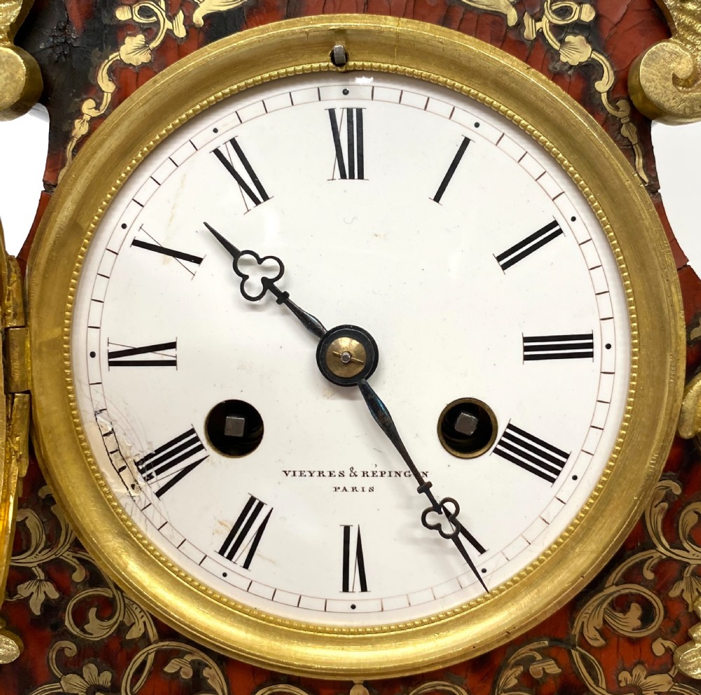 Antique Red Tortoise Shell Boulle Mantel Clock By Vieyres & Repingon Paris View IV