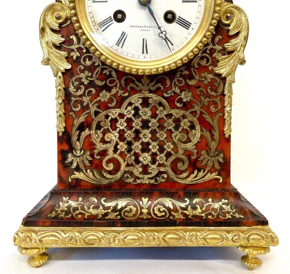 Antique Red Tortoise Shell Boulle Mantel Clock By Vieyres & Repingon Paris View VII
