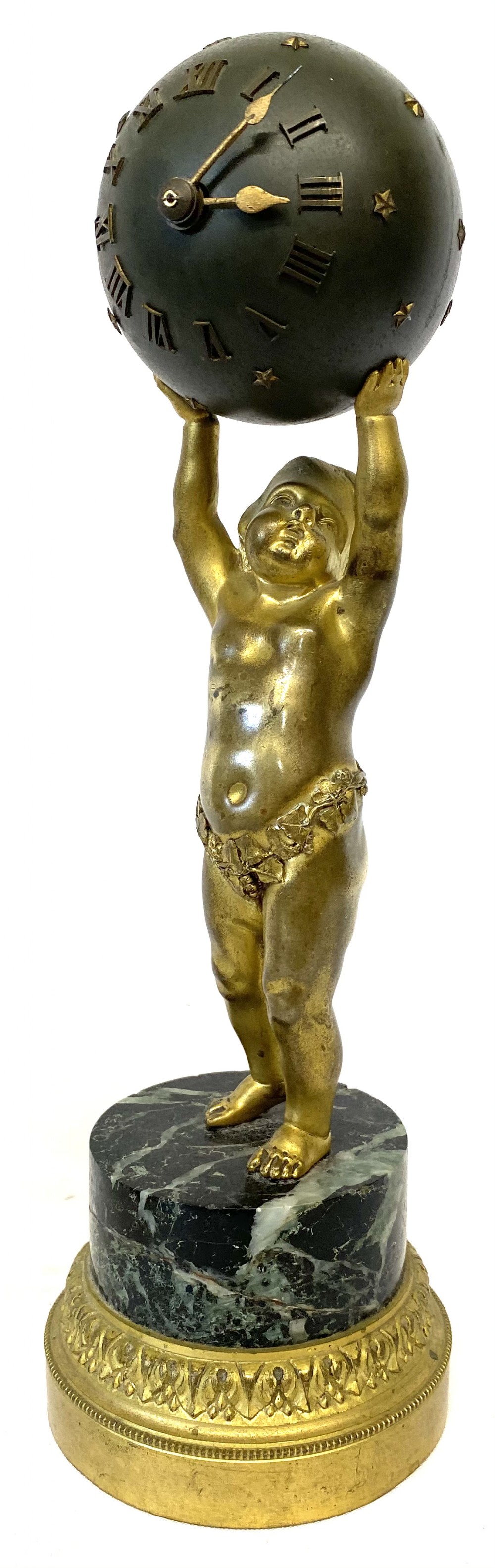 Stunning Antique Mystery Clock Gilt Bronze Cherub Holding A Starred Globe