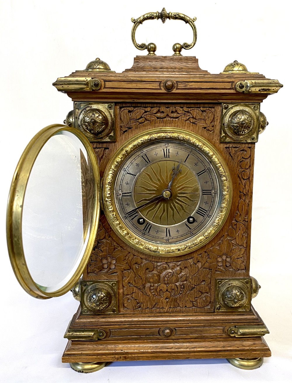 Antique Carved Oak W & H Quarter Striking Ting Tang Bracket Clock Sunburst Mount Winterhalder & Hofmeier View II