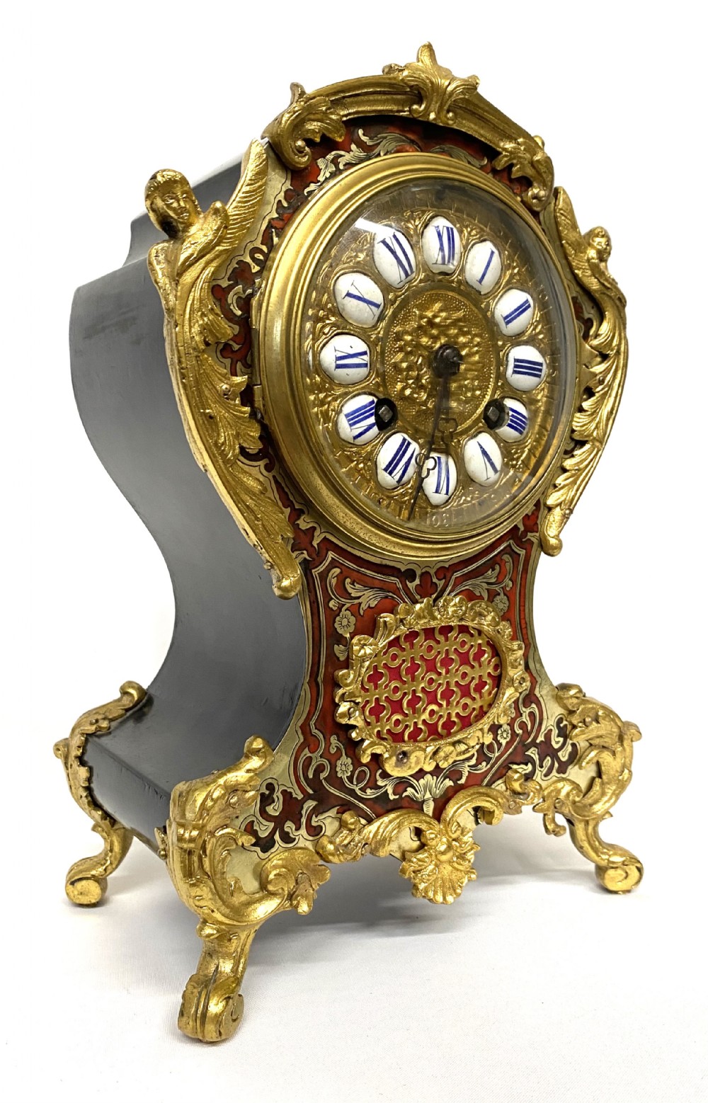 Antique Red Tortoiseshell French Ormolu Boulle Clock With Angel Mounts