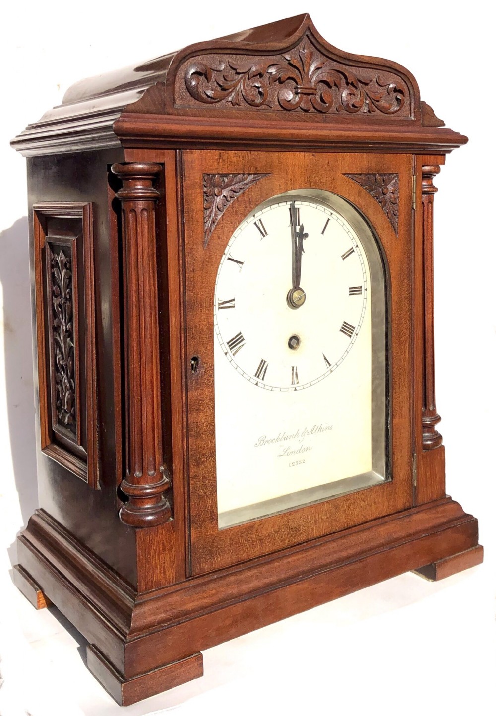 Antique Carved Mahogany Single Fusee Bracket Mantel Clock By Brockbank & Atkins