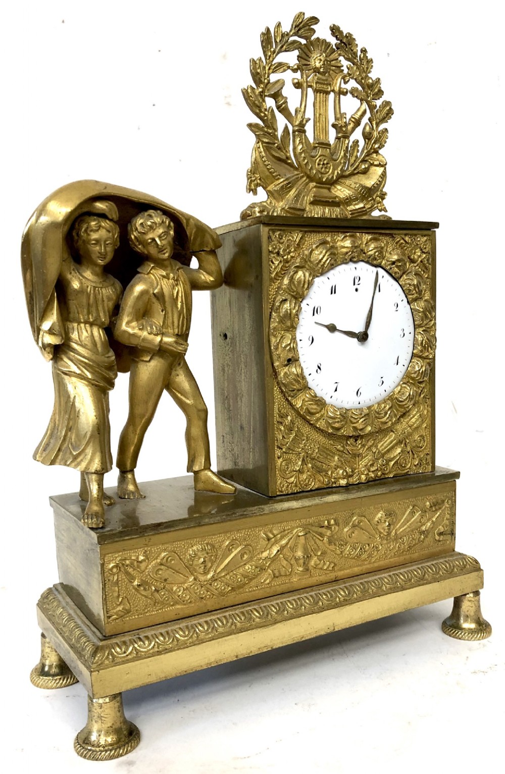 Antique French Miniature Gilt Bronze Ormolu Mantel Clock With Two Figures