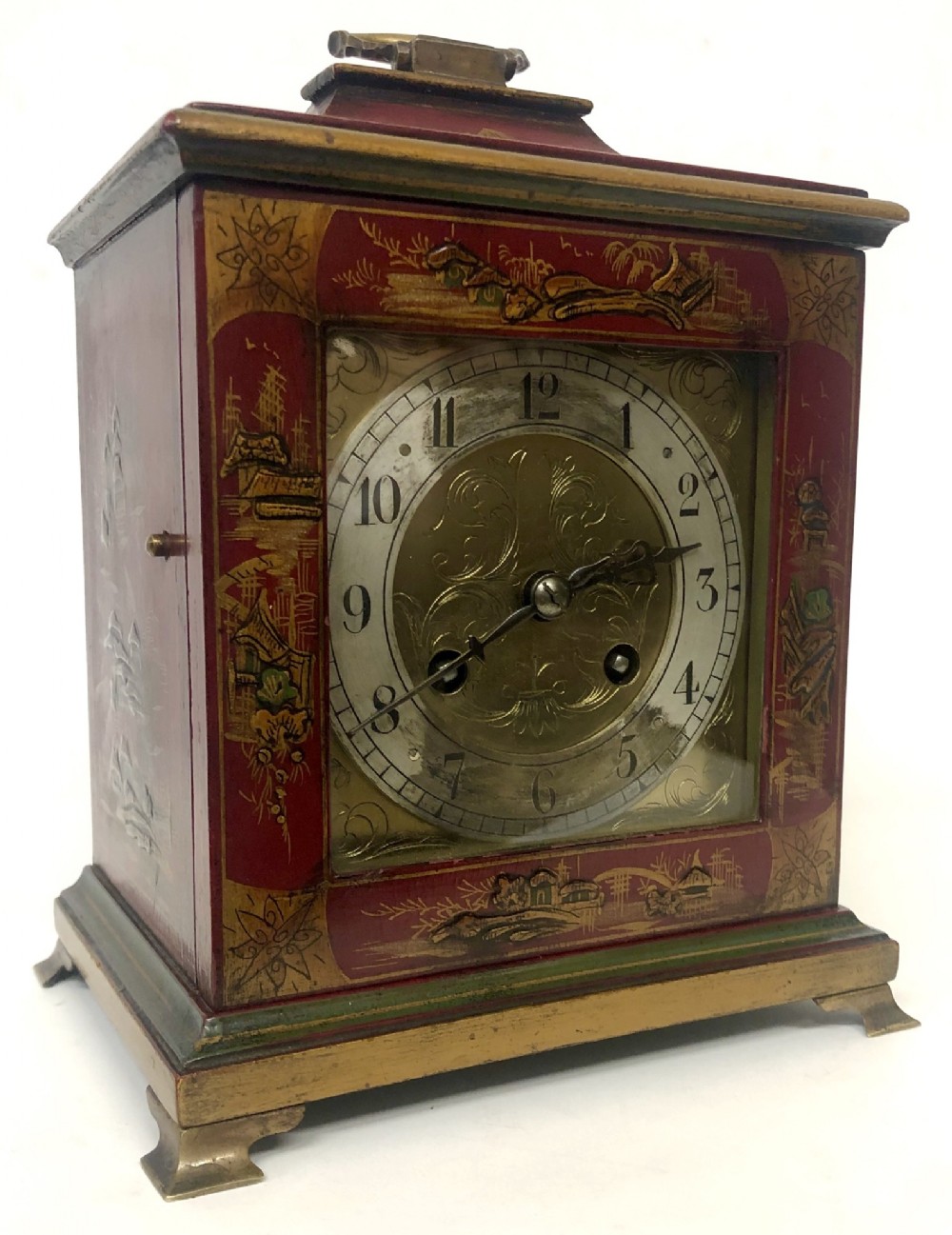 Red Chinoiserie Chiming Bracket Mantel Clock Hand Painted With Brass Dial