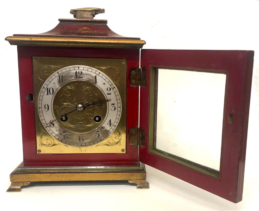 Red Chinoiserie Chiming Bracket Mantel Clock Hand Painted With Brass Dial View IV