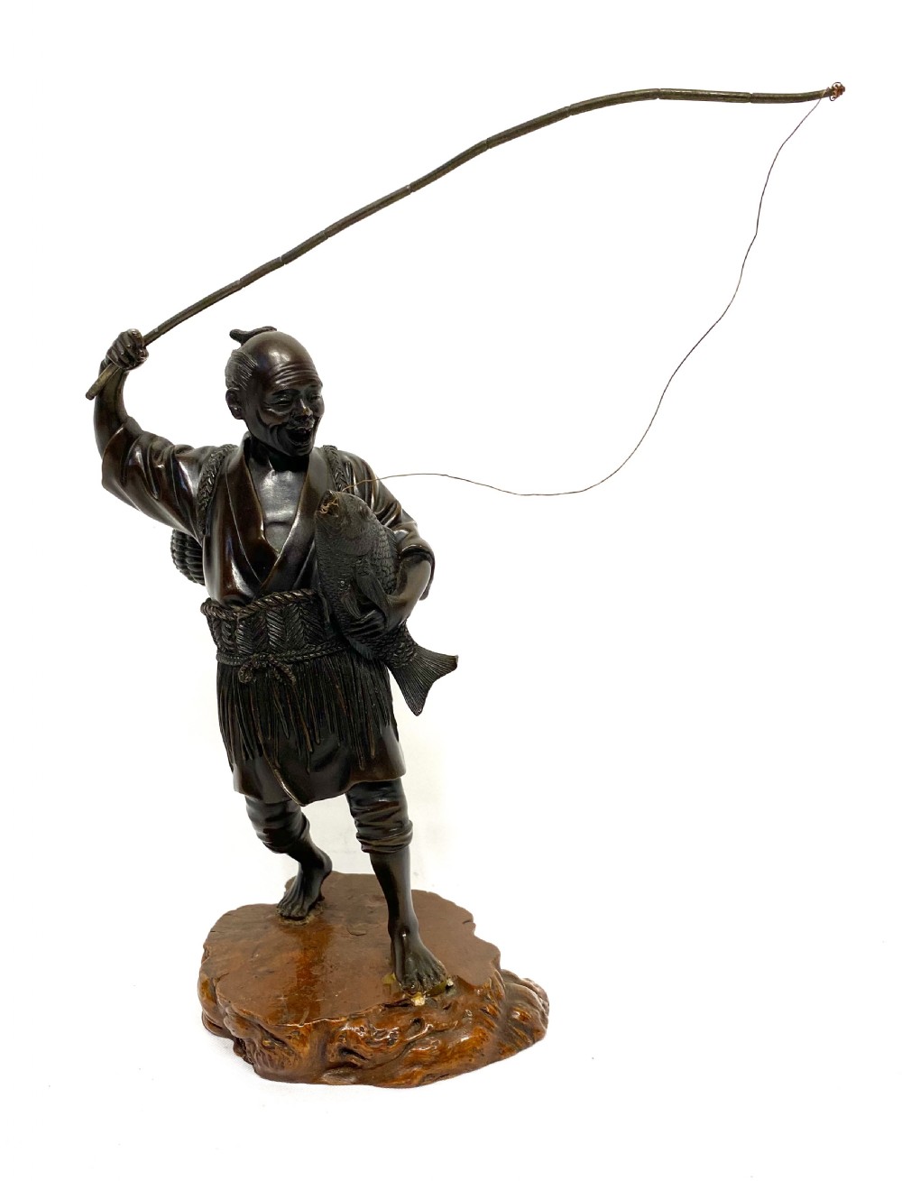 Antique Meiji Japanese Bronze Figure Of A Fisherman Carrying Holding A Carp