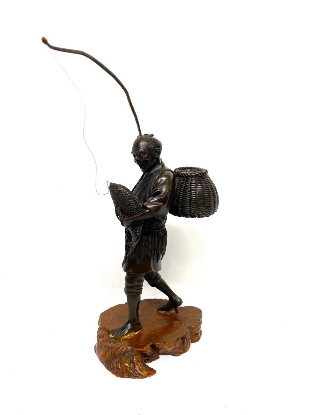 Antique Meiji Japanese Bronze Figure Of A Fisherman Carrying Holding A Carp View VI