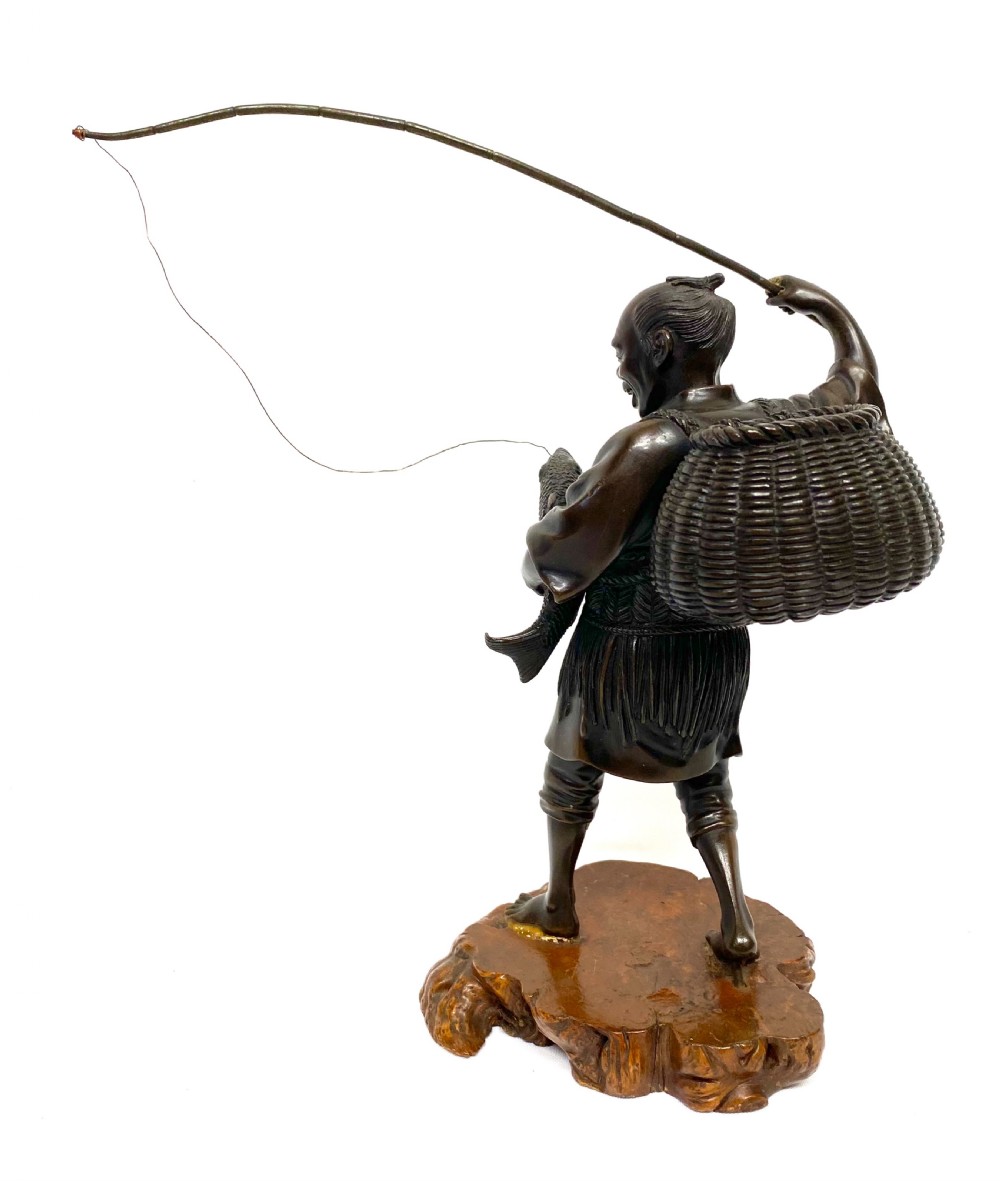 Antique Meiji Japanese Bronze Figure Of A Fisherman Carrying Holding A Carp View VII