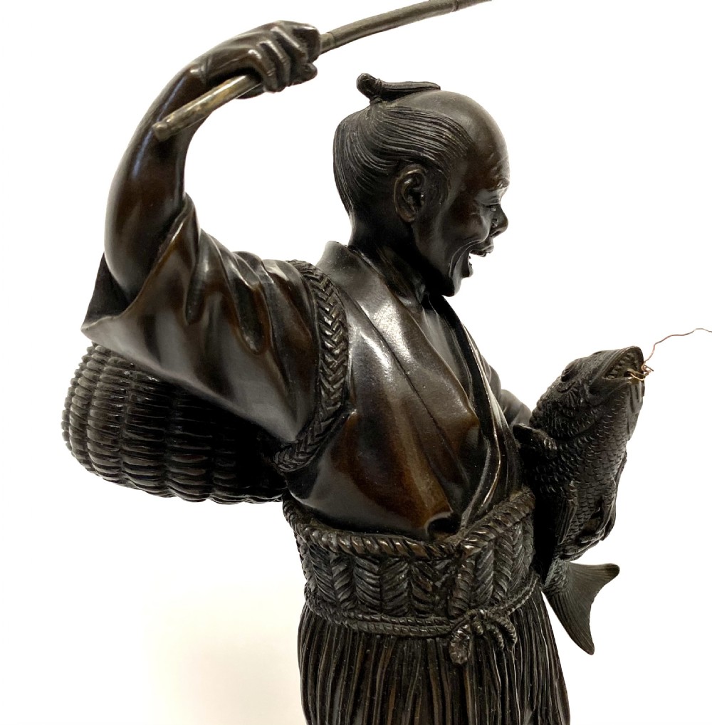 Antique Meiji Japanese Bronze Figure Of A Fisherman Carrying Holding A Carp View IX