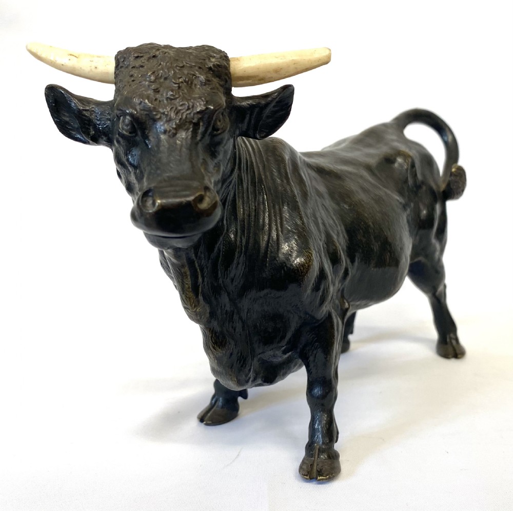 Large Heavy Antique Bronze Figure Of A Bull With Bovine Horns Exquisite Detail View V