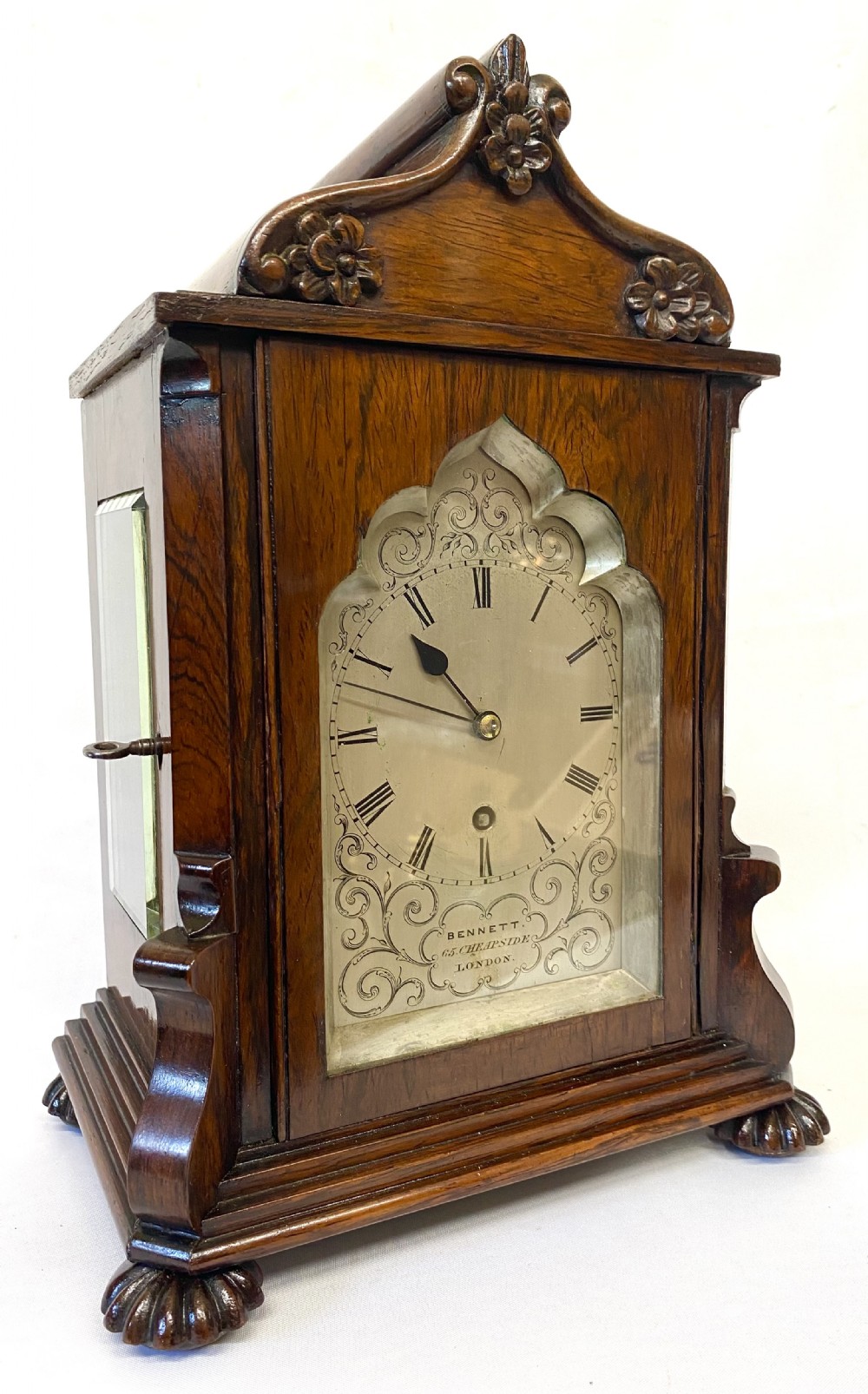 Antique Rosewood Single Chain Fusee Library Clock With Carved Front and Shaped Dial