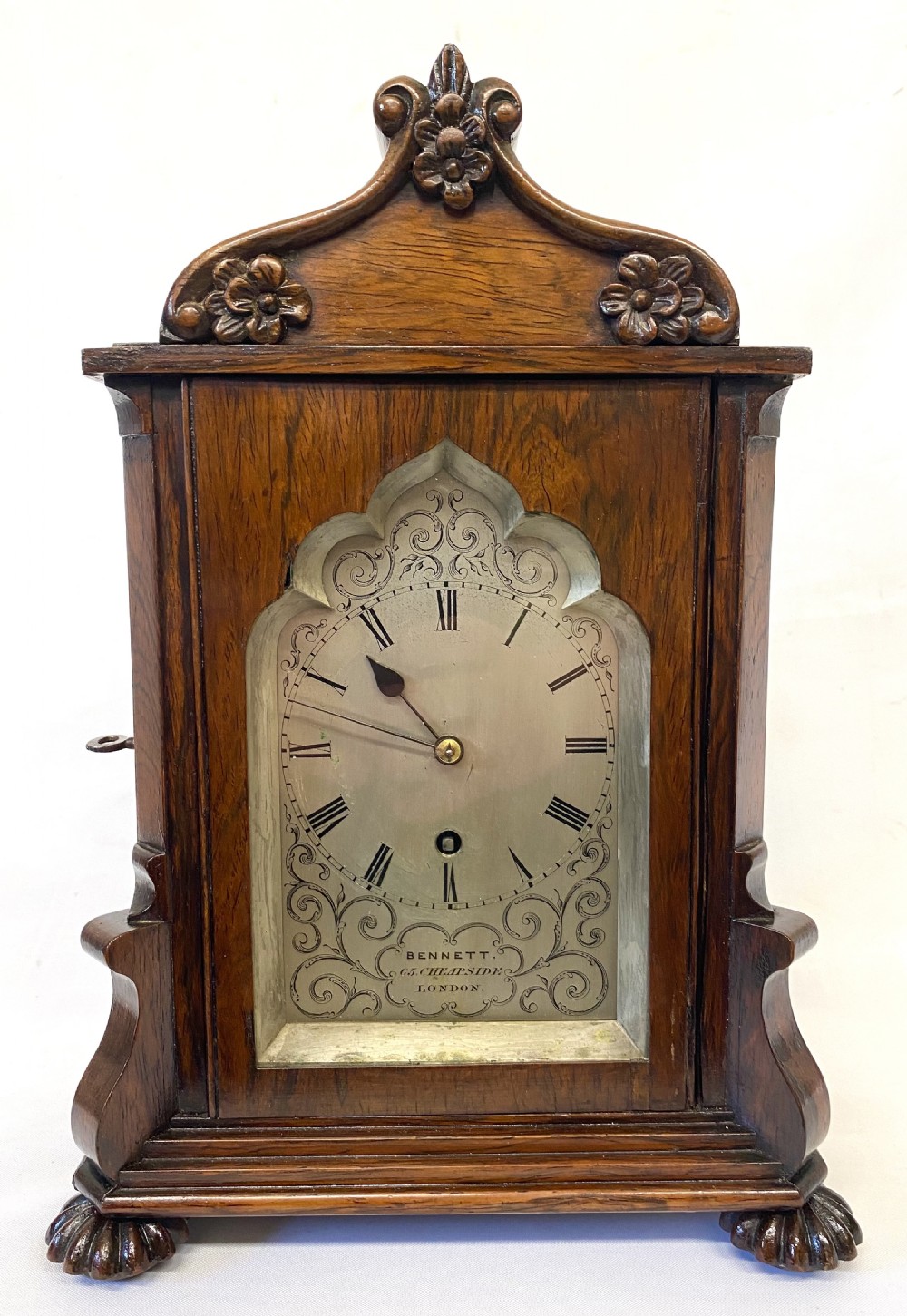 Antique Rosewood Single Chain Fusee Library Clock With Carved Front and Shaped Dial View IV