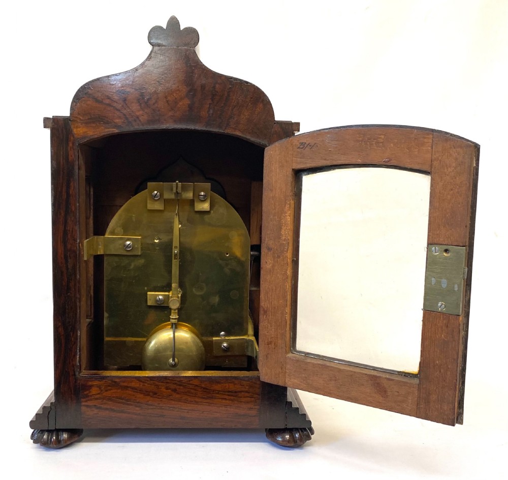 Antique Rosewood Single Chain Fusee Library Clock With Carved Front and Shaped Dial View X