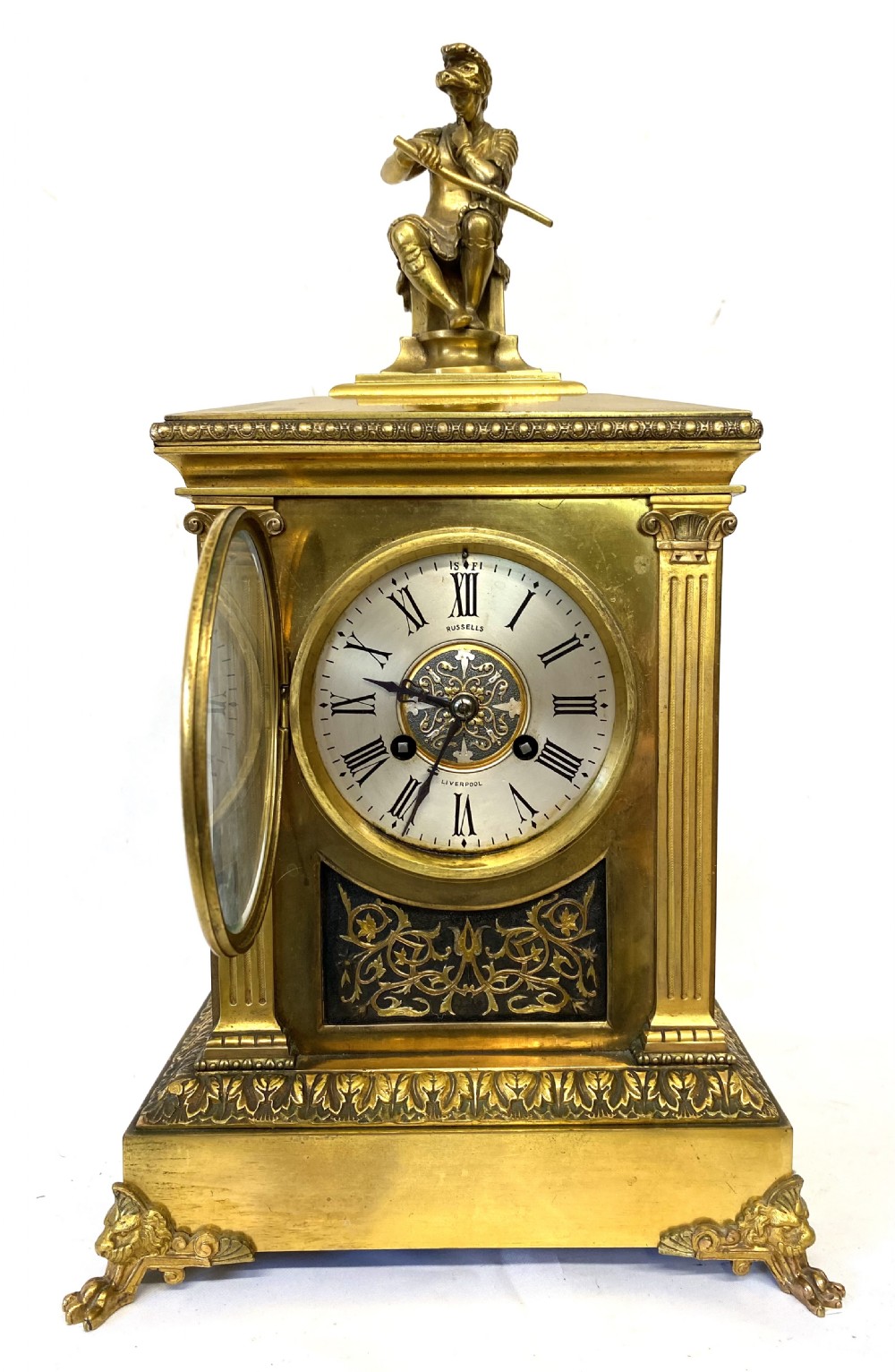 Antique Gilt Bronze Mantel Clock By Russels Liverpool With Soldier Figure View IV