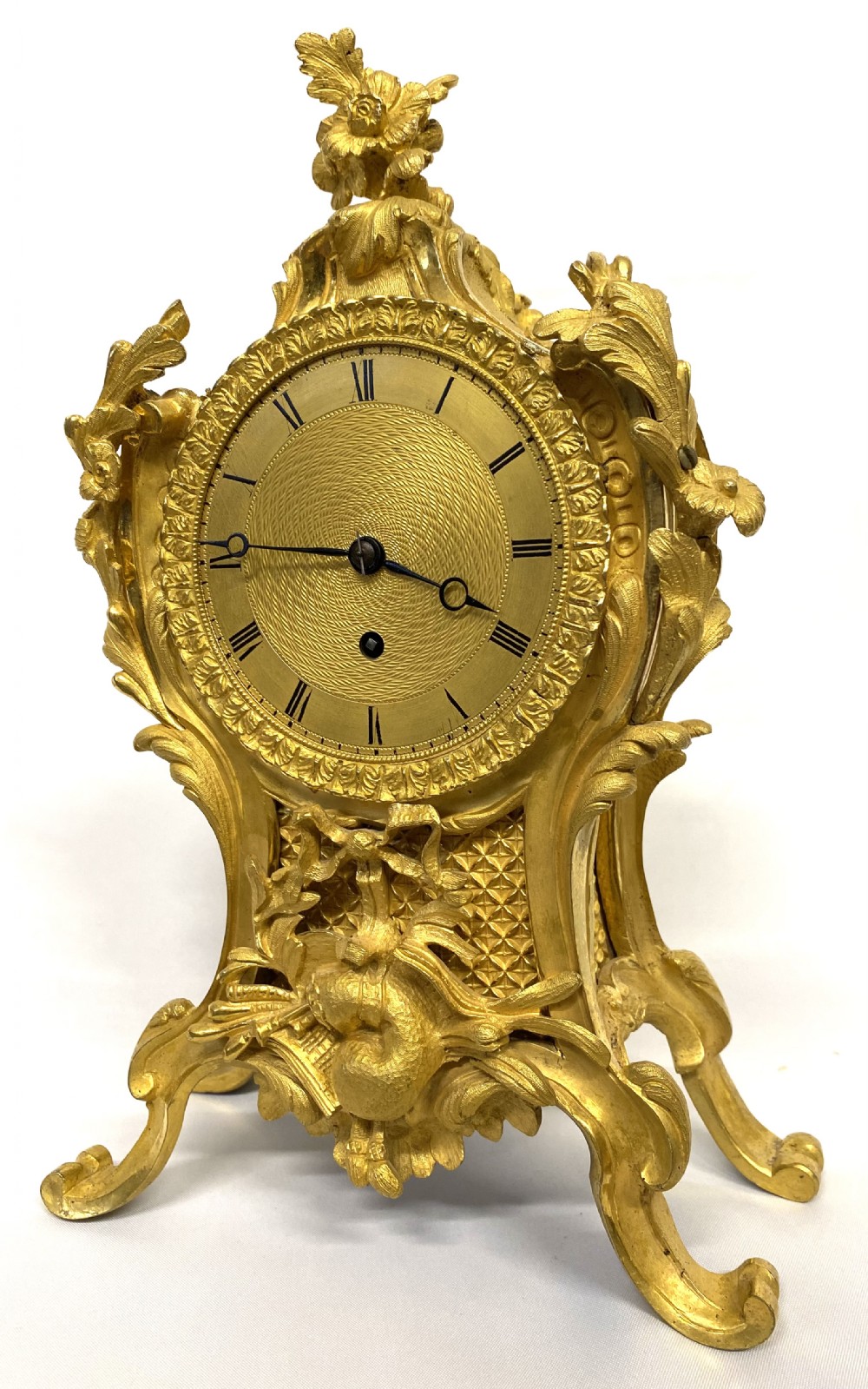 Antique Chain Fusee Mantel Clock With Rococo Gilt Bronze Ormolu Case Floral Mounts