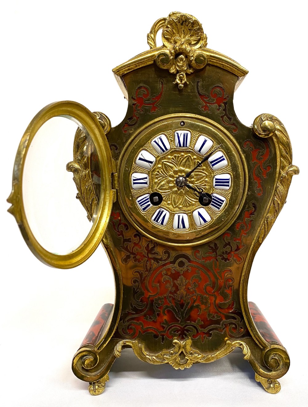 Antique Shaped Boulle Mantel Clock Brass Inlaid Red Shell With Ormolu Mounts View III