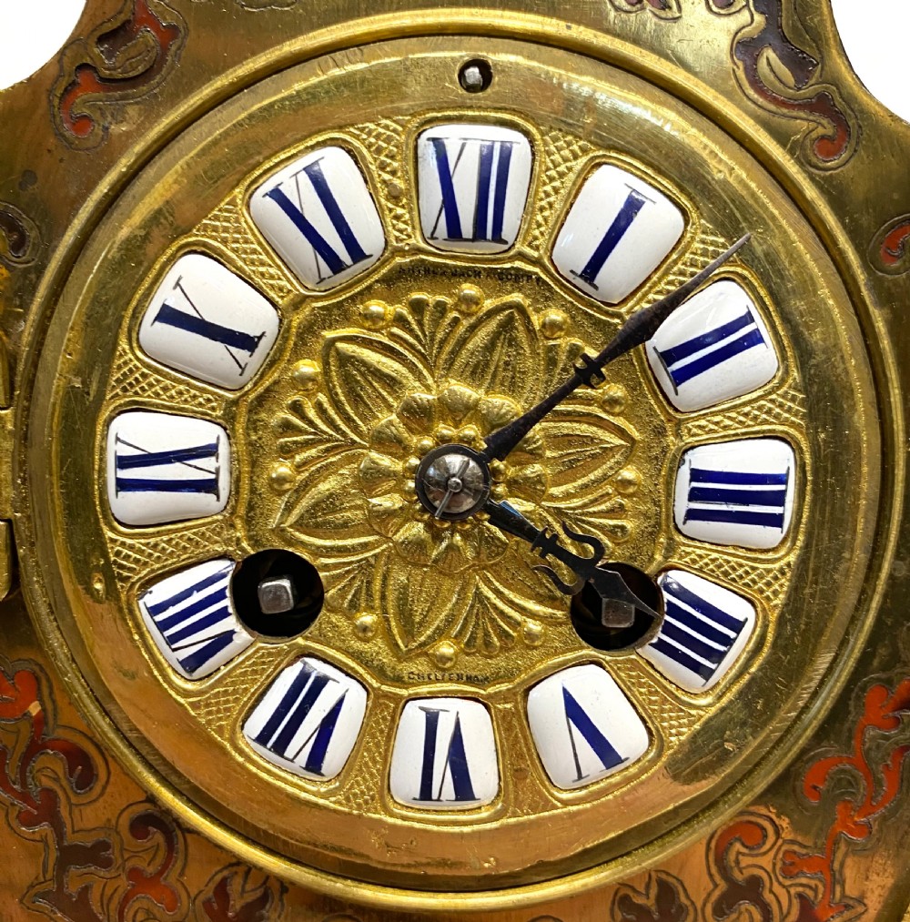 Antique Shaped Boulle Mantel Clock Brass Inlaid Red Shell With Ormolu Mounts View IV