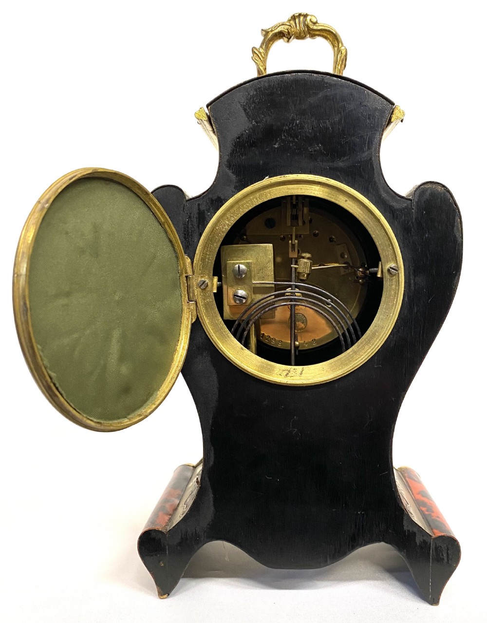 Antique Shaped Boulle Mantel Clock Brass Inlaid Red Shell With Ormolu Mounts View VIII