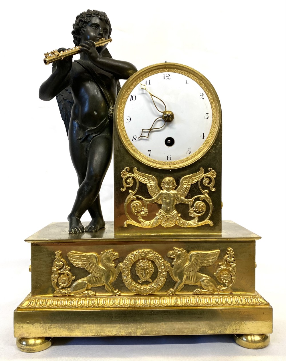 Antique Regency Gilt Bronze Single Fusee Mantel Clock With Bronze Putti with Ormolu Mounts