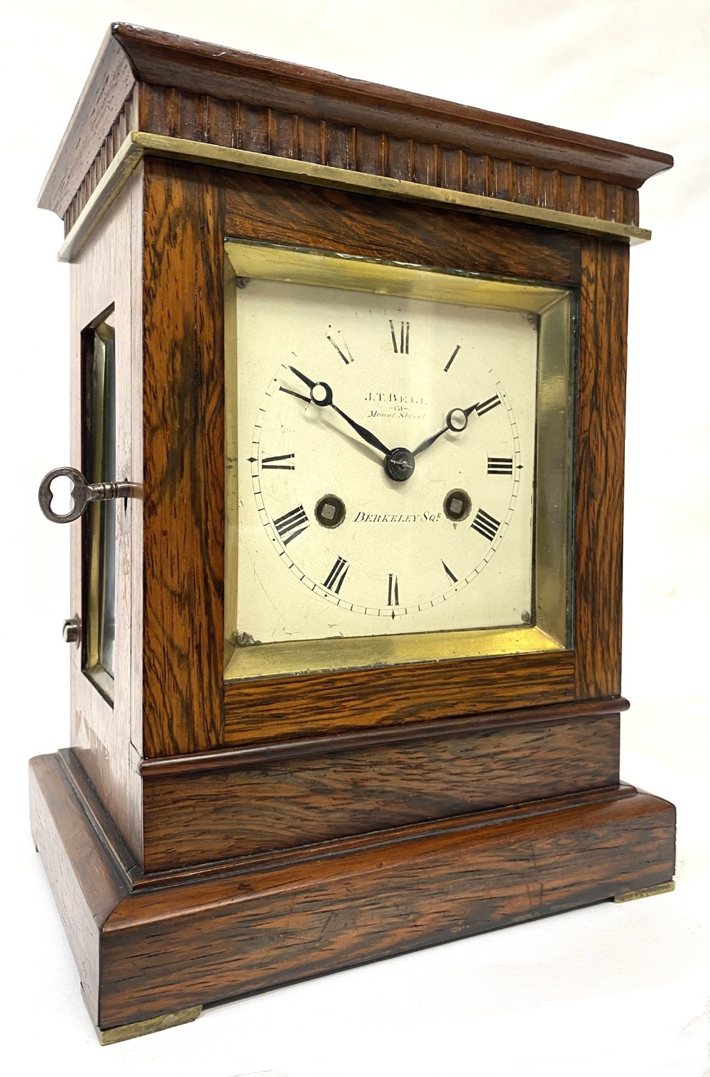 Antique Rosewood Campaign Library Clock With Brass Carry Handle By J.T. Bell