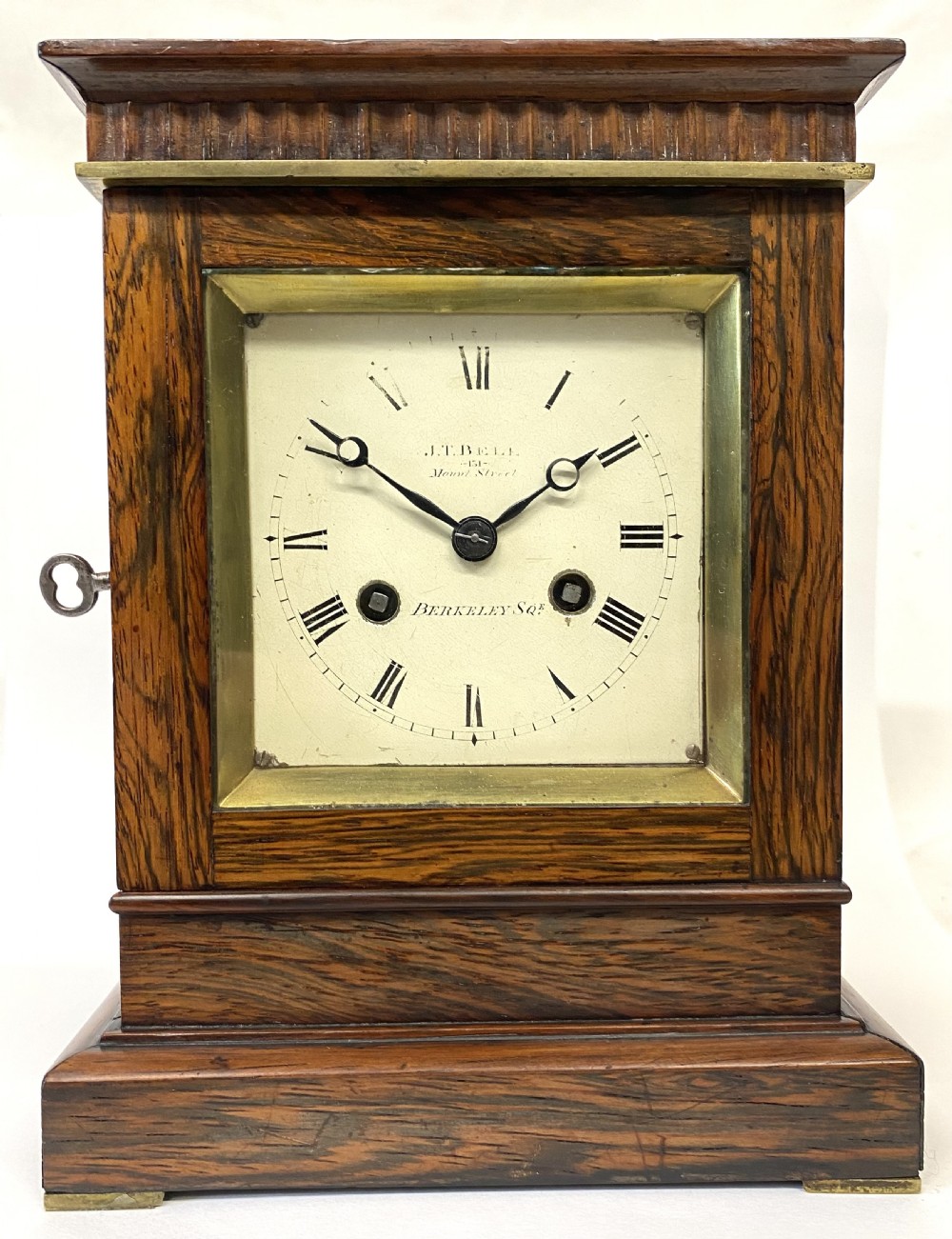 Antique Rosewood Campaign Library Clock With Brass Carry Handle By J.T. Bell View II