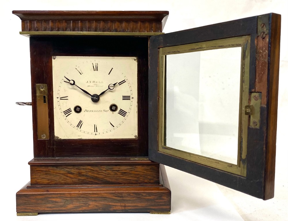 Antique Rosewood Campaign Library Clock With Brass Carry Handle By J.T. Bell View III