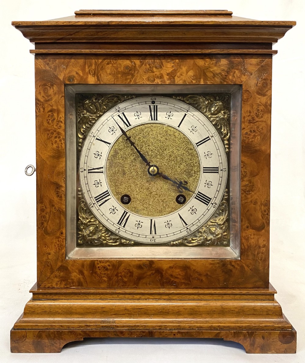 Antique Burr Walnut Mantel Clock By Lenzkirch With Quarter Striking Ting Tang Movement