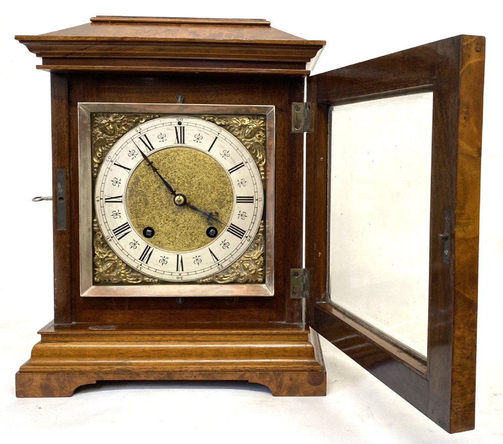 Antique Burr Walnut Mantel Clock By Lenzkirch With Quarter Striking Ting Tang Movement View II