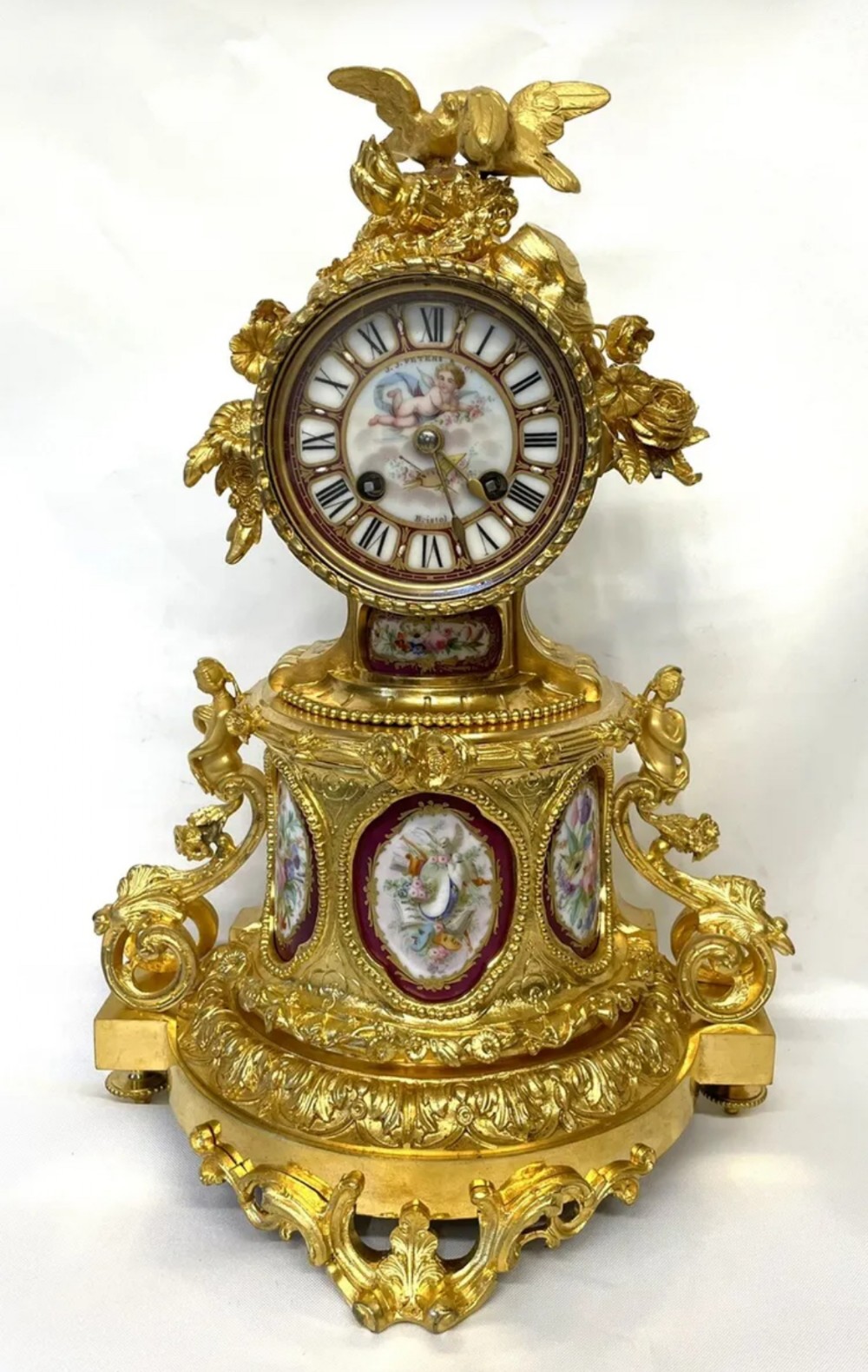Antique JAPY FRERES Ormolu Bronze & Serves Panels Mantel Clock : PETERS BRISTOL