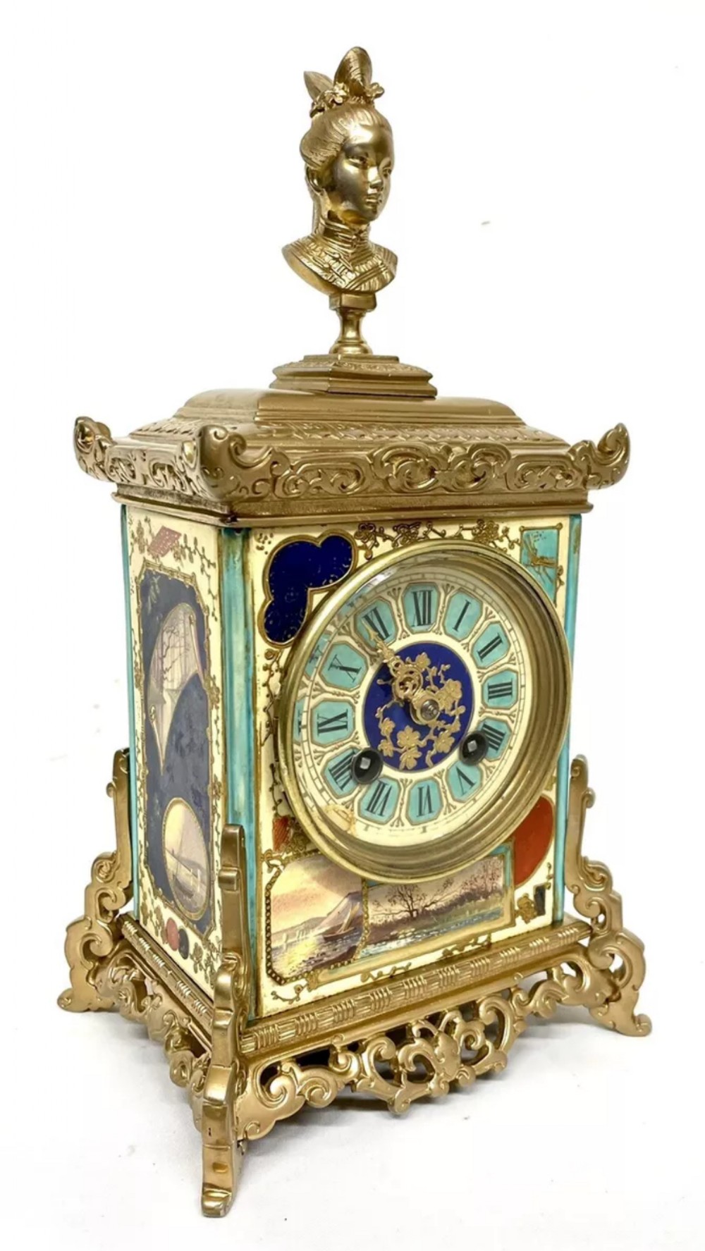 Antique French Painted Gilt Porcelain Aesthetic Movement Japonisme Mantel Clock