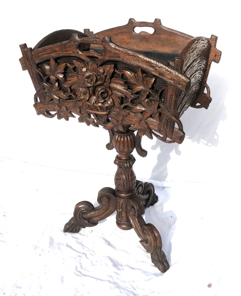 Antique Carved Black Forest Planter Jardiniere / Ice Bucket Stand Plant Stand View V