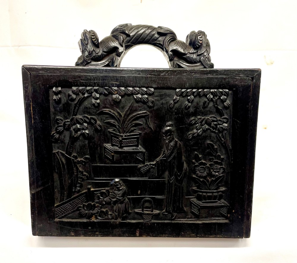 Antique Mah Jong Mahjong Set with Superb Carved Carrying Case & Foo Dogs Handle View VII