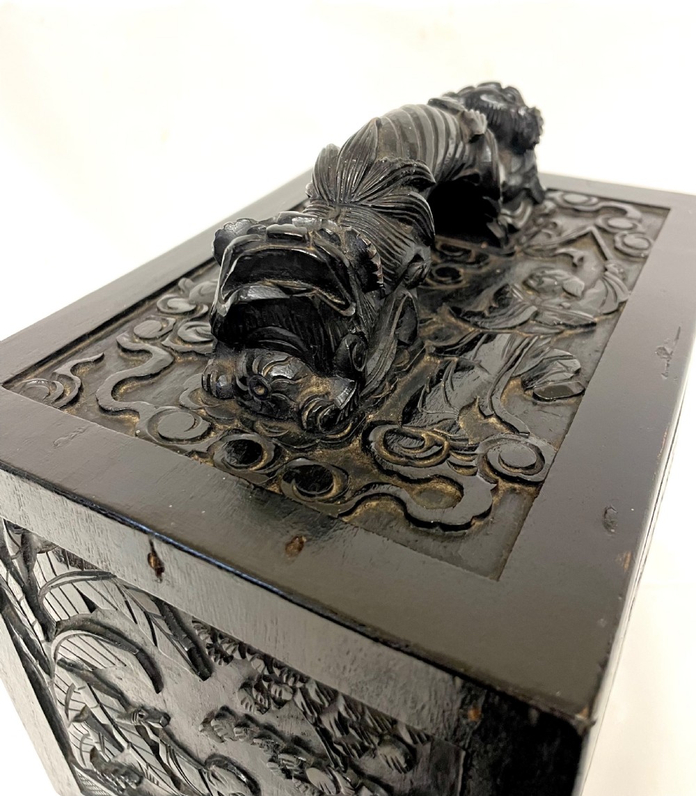Antique Mah Jong Mahjong Set with Superb Carved Carrying Case & Foo Dogs Handle View X