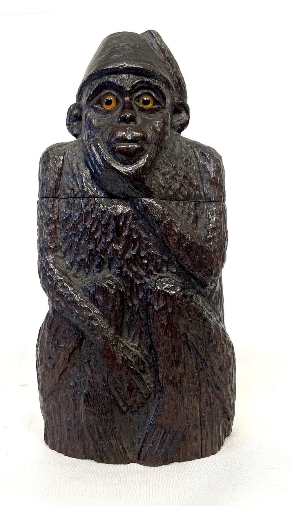 Antique Black Forest Carved Wooden Monkey with Glass Eyes Tobacco Jar / Casket