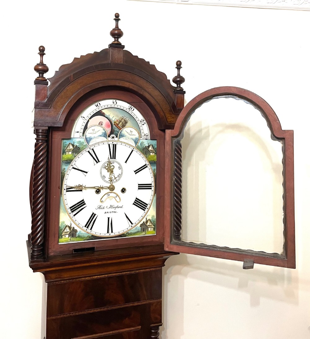 Antique Inlaid Mahogany Moon Phase Longcase Grandfather Clock HARFORD BRISTOL View XV