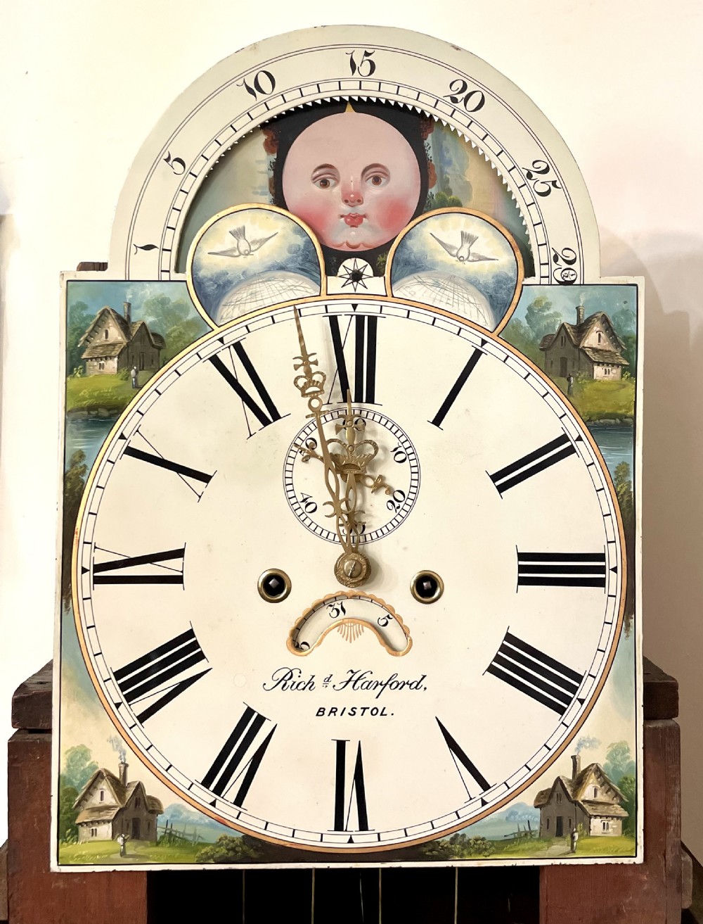 Antique Inlaid Mahogany Moon Phase Longcase Grandfather Clock HARFORD BRISTOL View XIX