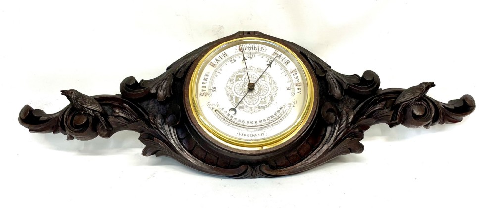 MASSIVE Antique Victorian Oak Carved Barometer & Thermometer : Carved with Birds