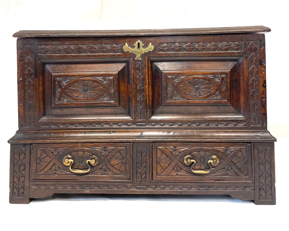 Small Antique Georgian Carved Oak Welsh Coffer Bach  circa 1780