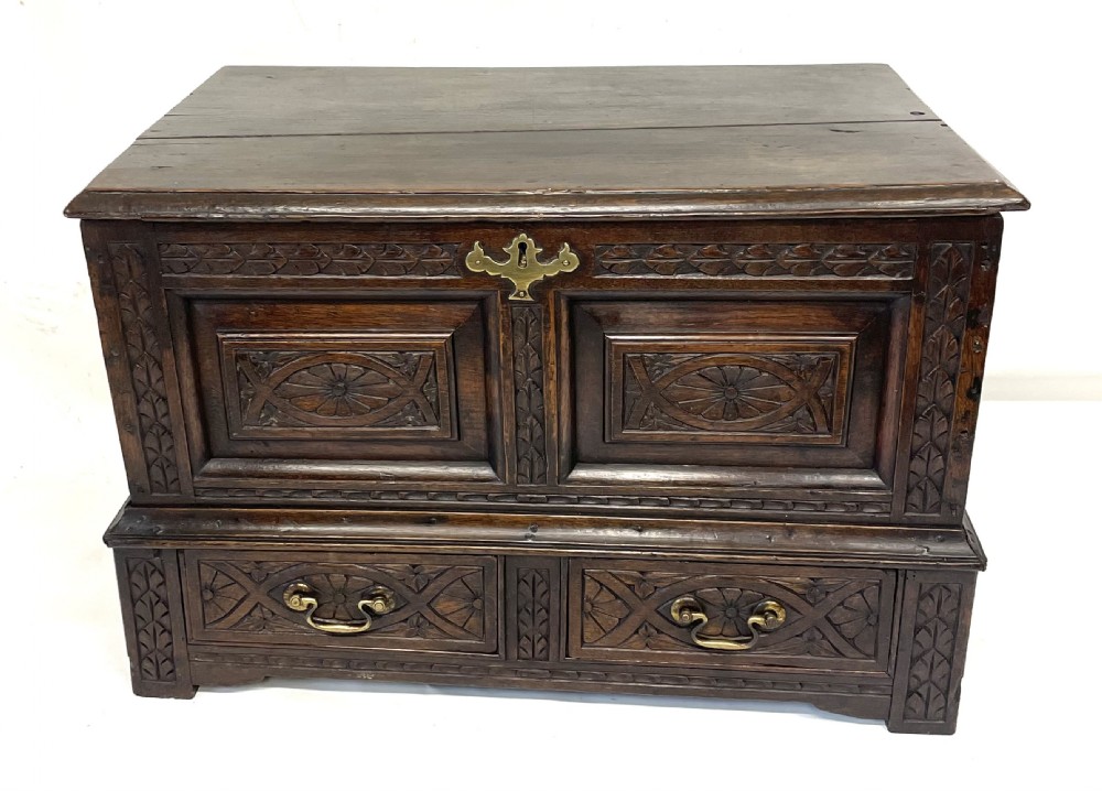 Small Antique Georgian Carved Oak Welsh Coffer Bach  circa 1780 View II