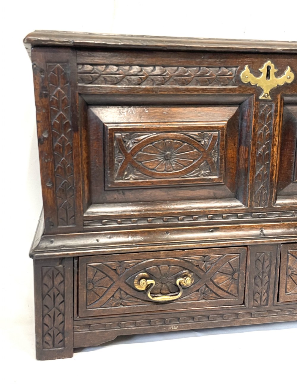 Small Antique Georgian Carved Oak Welsh Coffer Bach  circa 1780 View IV