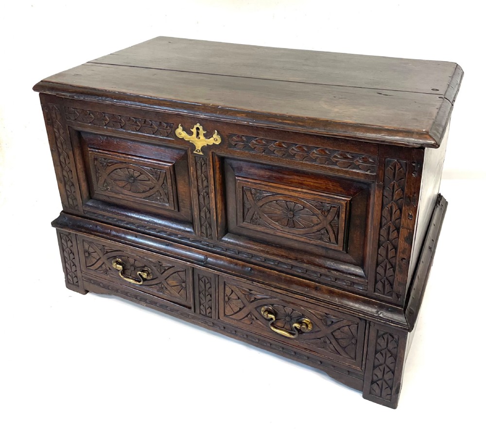 Small Antique Georgian Carved Oak Welsh Coffer Bach  circa 1780 View VII