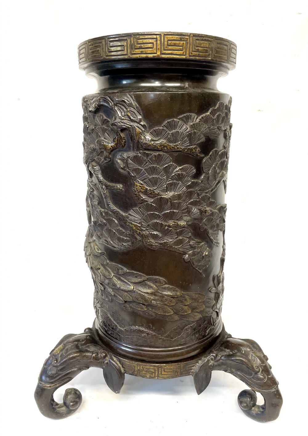 Antique Japanese Meiji Bronze Vase & Stand with Birds & Elephants : 18