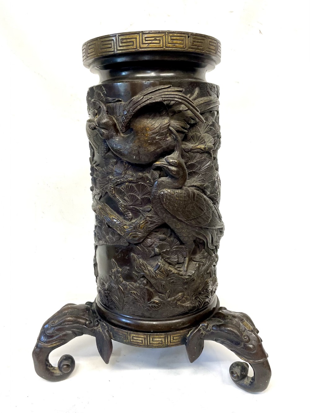 Antique Japanese Meiji Bronze Vase & Stand with Birds & Elephants : 18